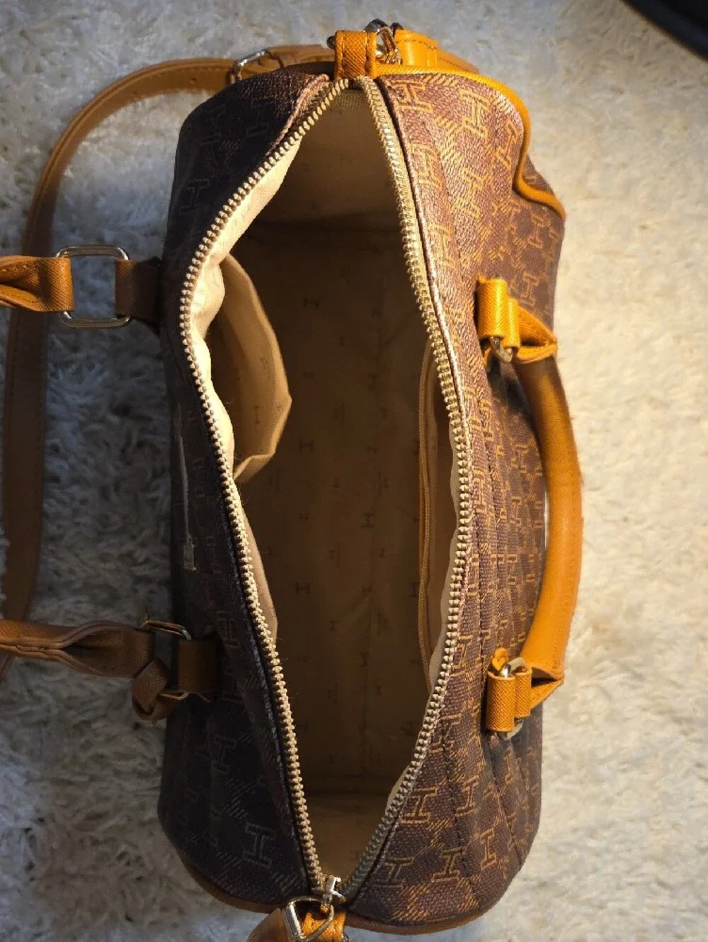 H by Halston Brown & Tan Monogram Satchel with Detachable Strap